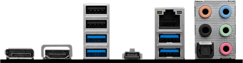 Rückseite eines Motherboards mit verschiedenen Anschlüssen, darunter USB, Audio und Ethernet, alles vor schwarzem Hintergrund.