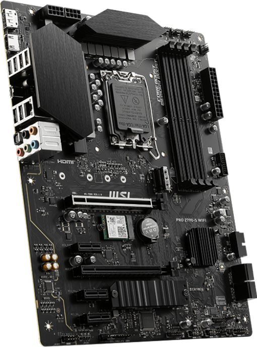 Ein schwarzes Computer-Motherboard mit verschiedenen Komponenten, einschließlich CPU-Sockel.