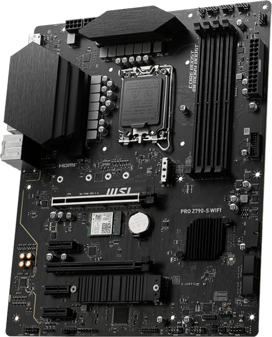 Schwarzes Motherboard mit vielen Komponenten, mit dem MSI-Logo und dem Text 'PRO Z790-S WIFI'.