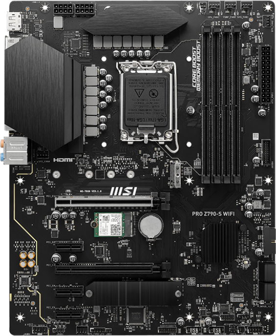 Schwarzes Motherboard mit verschiedenen Komponenten wie Anschlüssen, Steckplätzen und Chips. Weißer Hintergrund.