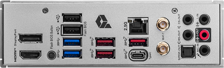 Rückwand eines Motherboards mit verschiedenen Anschlüssen, einschließlich HDMI und USB.