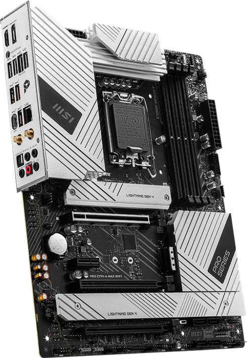 Ein schwarzes und silbernes MSI-Motherboard mit Komponenten und Logo.