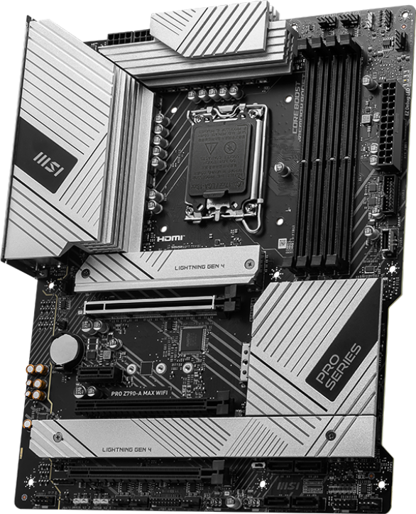 MSI-Motherboard mit Komponenten. Silberne Kühlkörper, schwarz-silbernes Design und verschiedene Anschlüsse sichtbar.