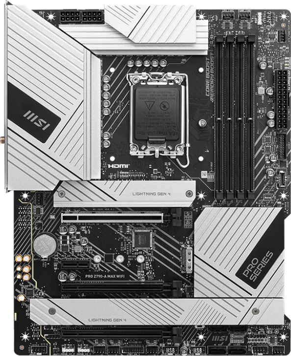 MSI-Motherboard. Schwarz-silbernes Design. Verschiedene Komponenten auf dem Board sichtbar.