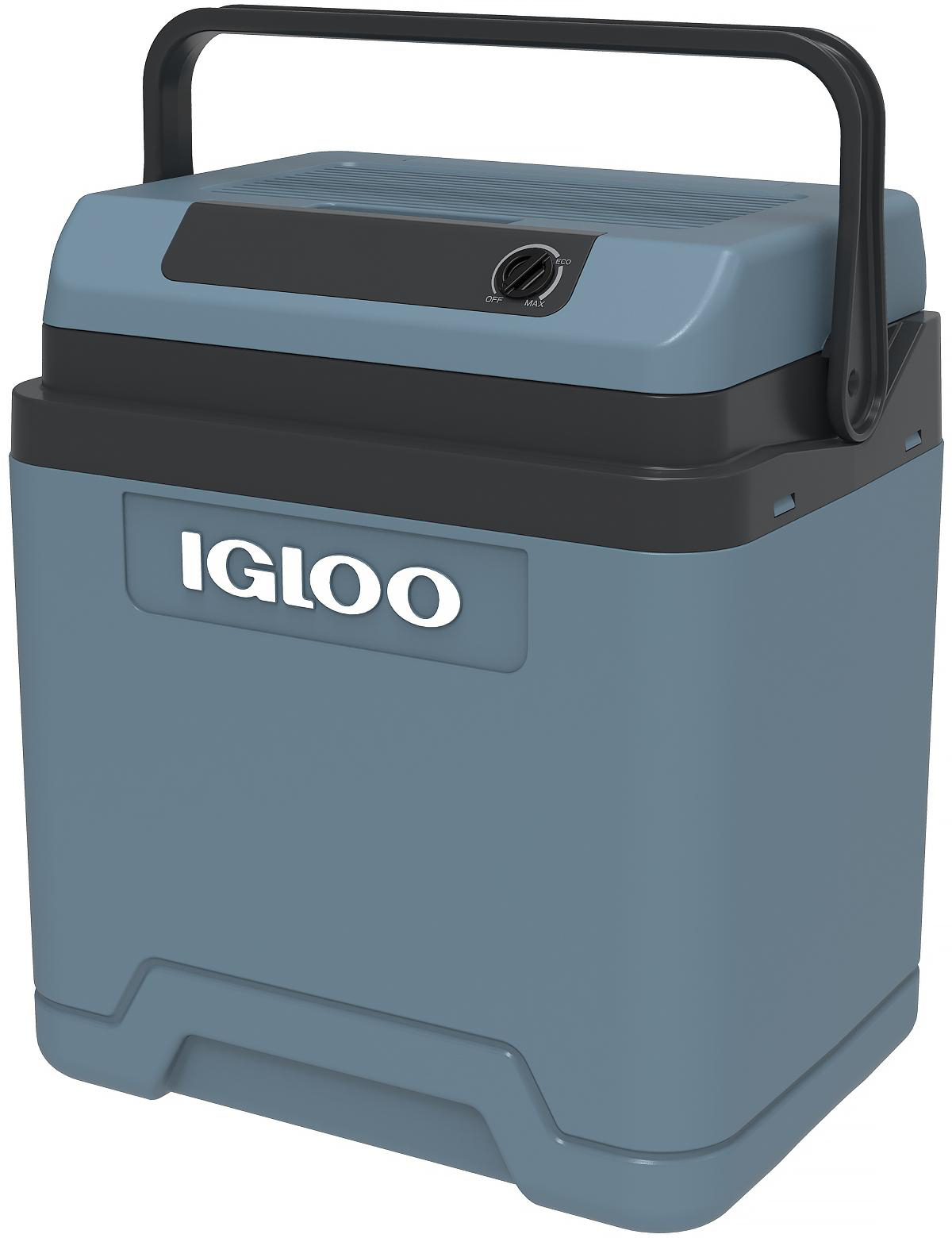 Blauer Igloo-Kühler mit schwarzem Griff und Deckel. Das Logo ist sichtbar.