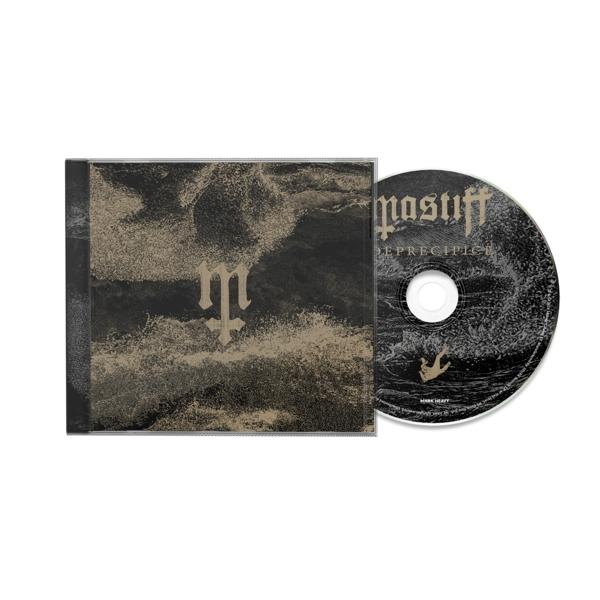 Eine CD-Hülle und -Disc mit dunklem, abstraktem Design und stilisiertem 'm'.