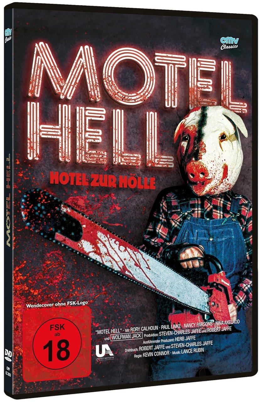 DVD-Hülle für 'Motel Hell'. Ein Mann mit Schweinemaske und Kettensäge ist auf dem Cover.