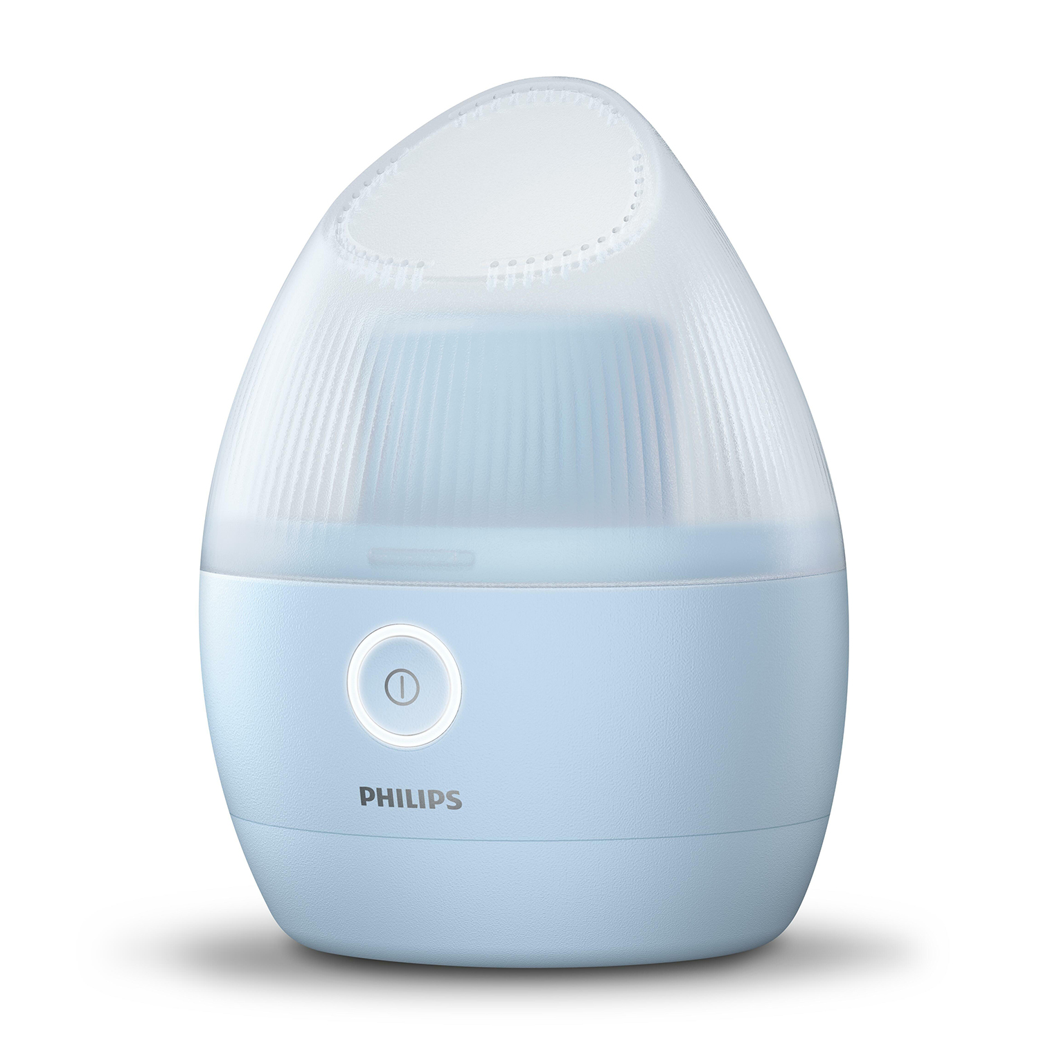 Un vaporizzatore facciale Philips azzurro. Ha un pulsante di accensione bianco e una parte superiore bianca.