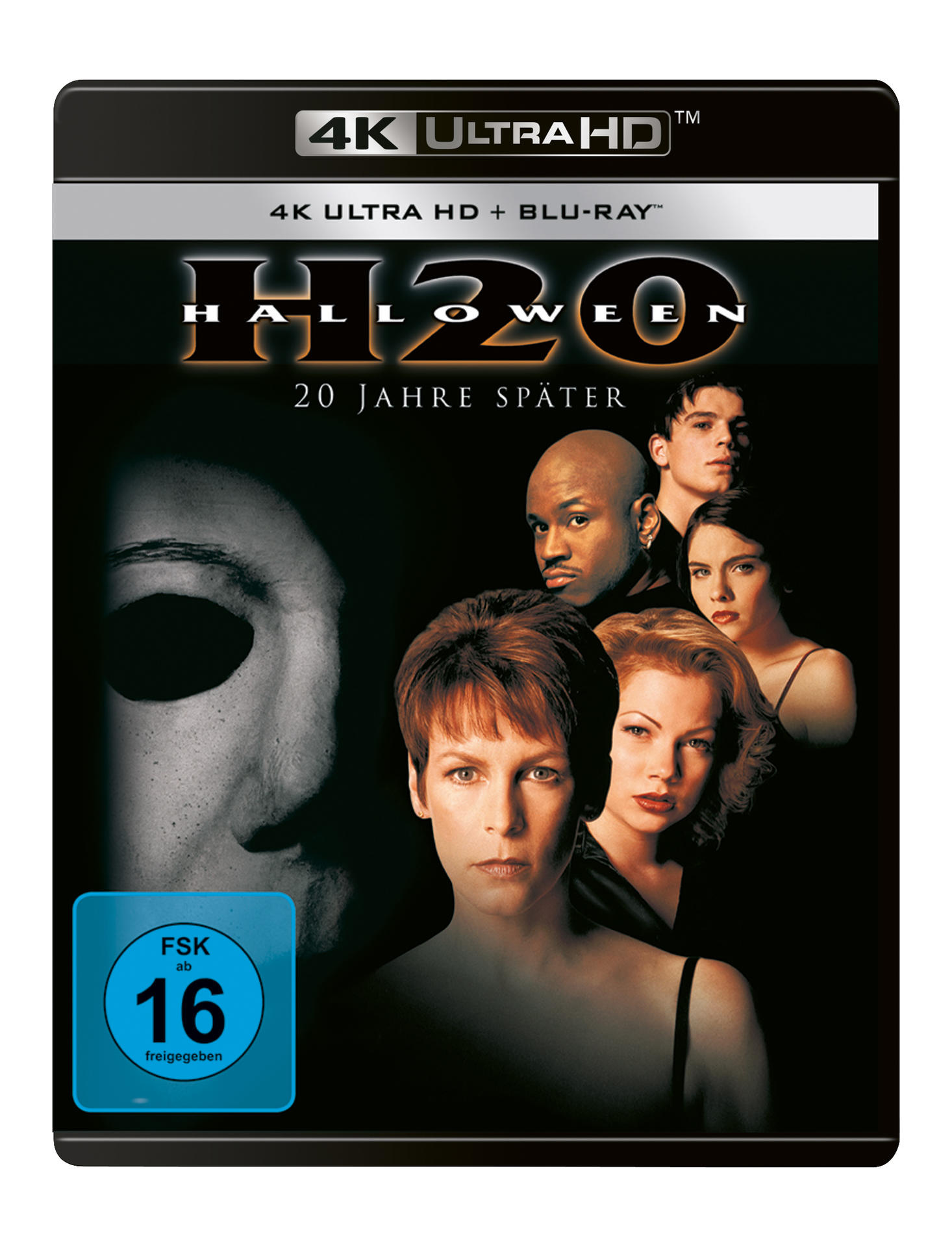 H20 Halloween 4K Ultra HD Blu-ray Cover. Jamie Lee Curtis und Besetzung auf dem Cover. Schwarze Hülle.