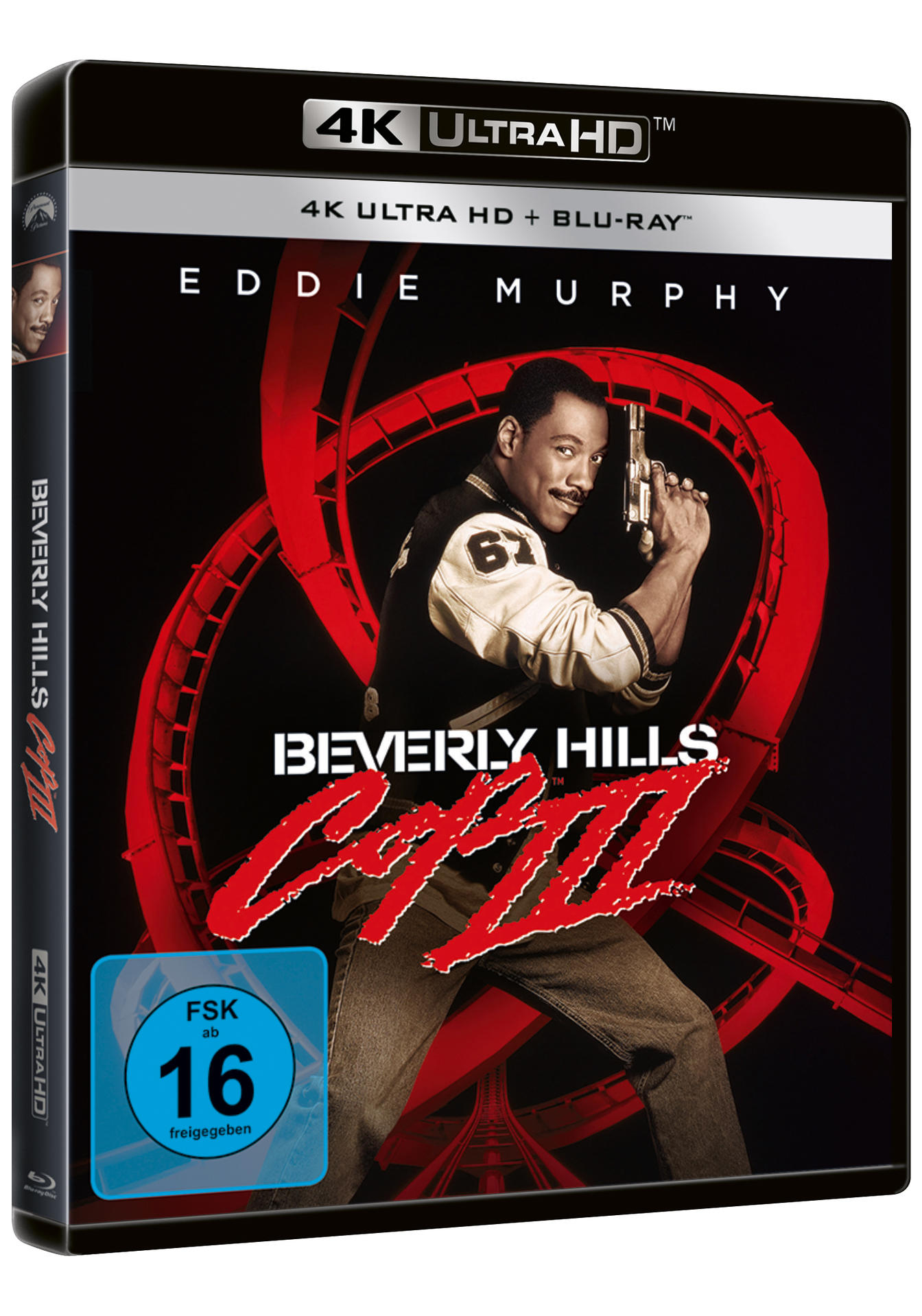 DVD-Box: Beverly Hills Cop III mit Eddie Murphy mit einer Waffe, roter Hintergrund.