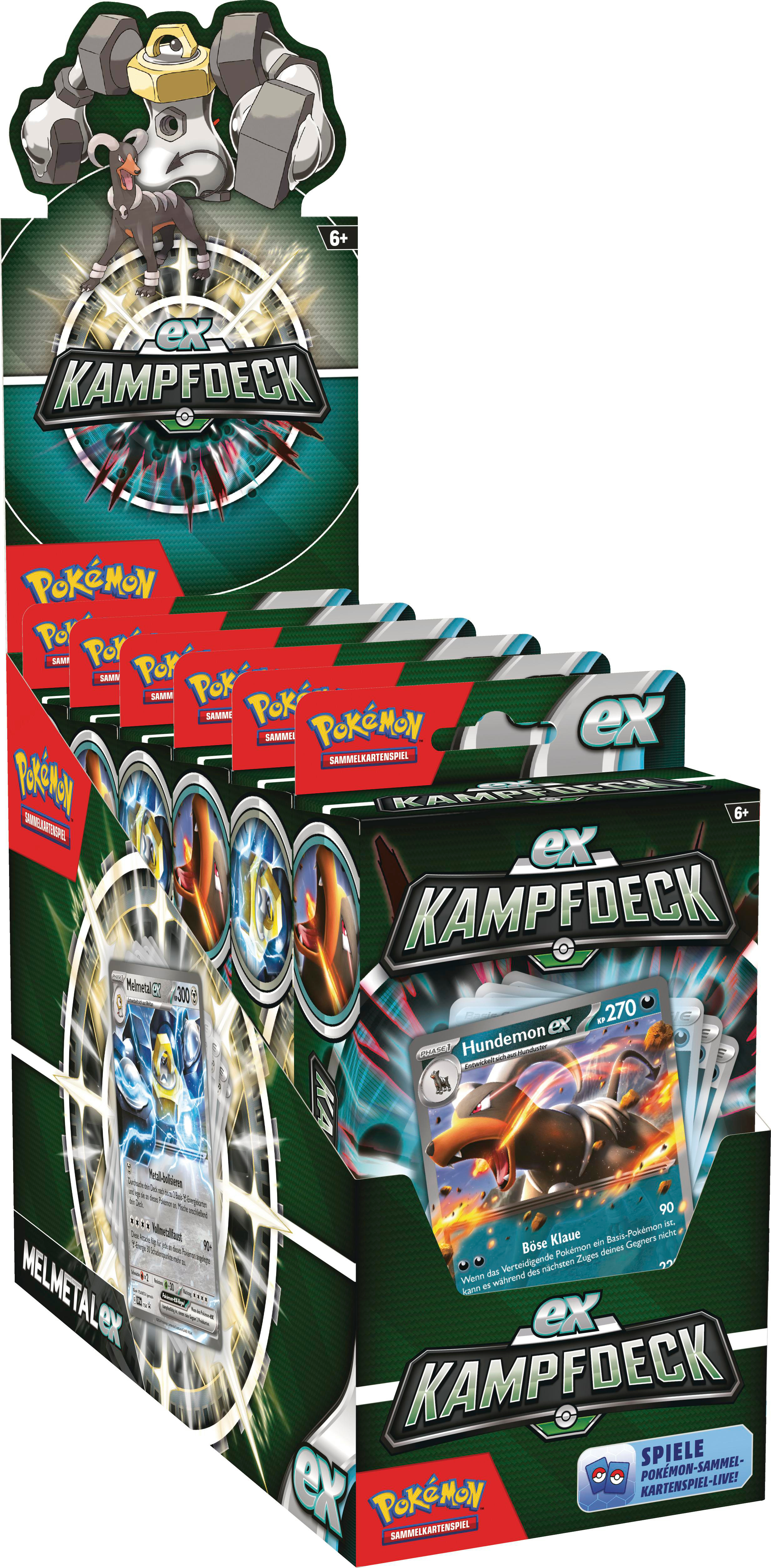 Pokemon ex Kampfdeck Box. Enthält Pokemon-Karten, Melmetal ex Karte sichtbar.