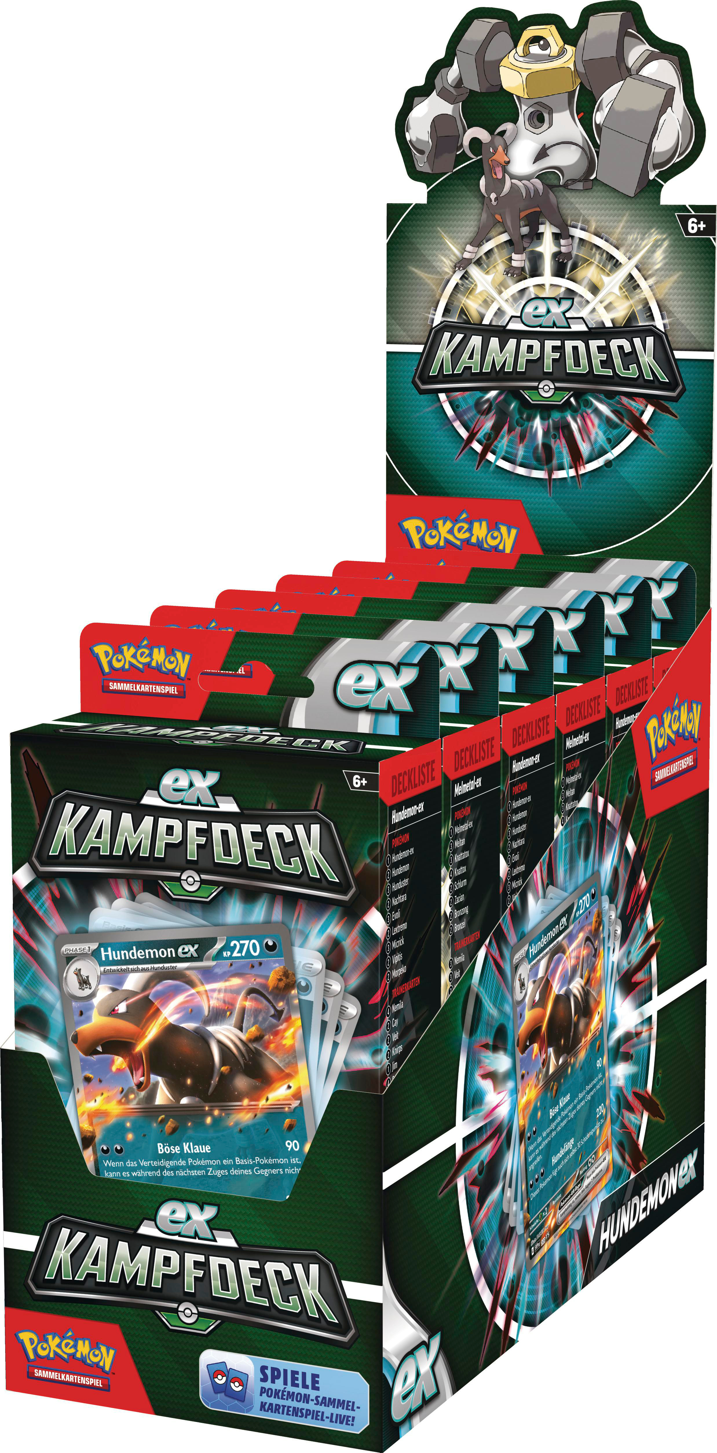 Pokemon-Kampfdeck-Display mit Karten in Schachteln.