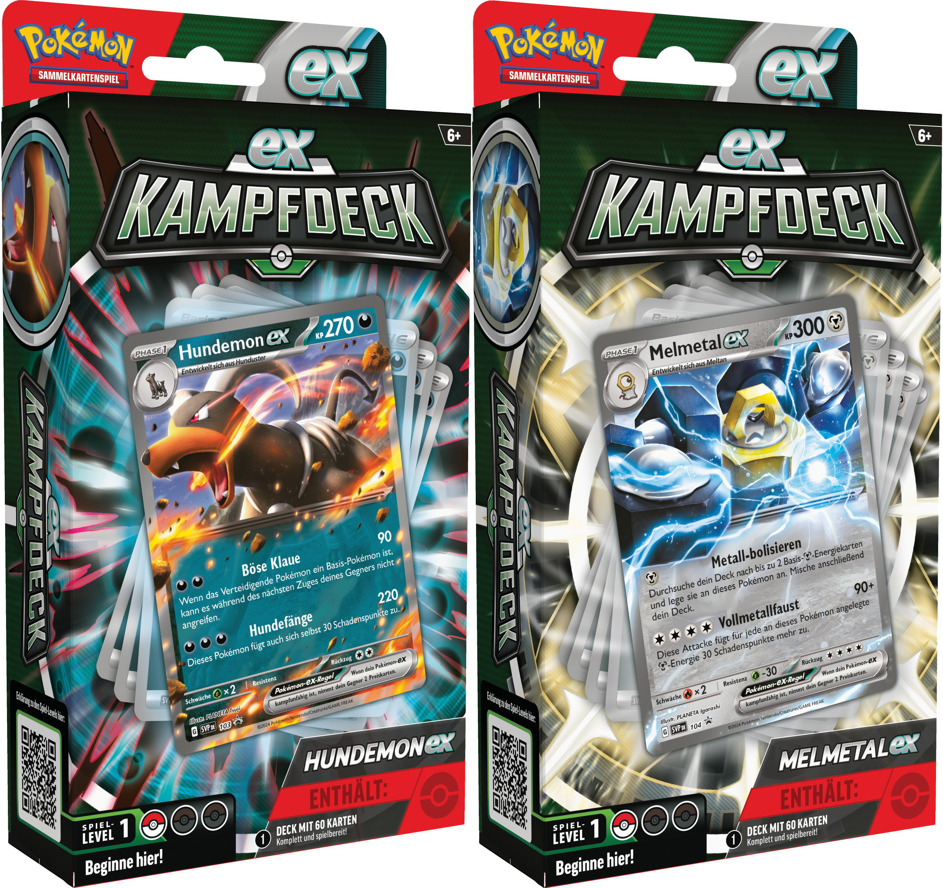 Zwei Pokémon-Kartendecks. Jedes Deck hat ein Bild eines Pokémon und eine Box mit Text auf Deutsch.
