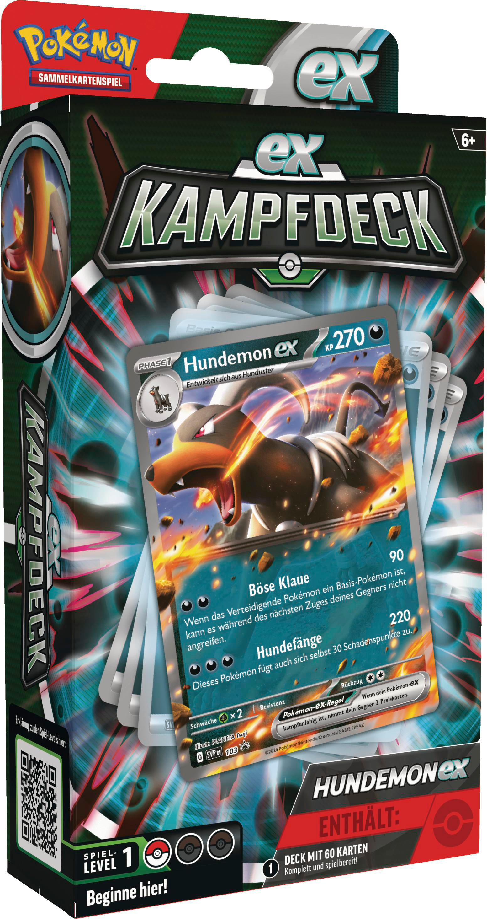 Pokemon-Kartenspielbox mit einer Karte, die einen Hundemon ex-Charakter zeigt.