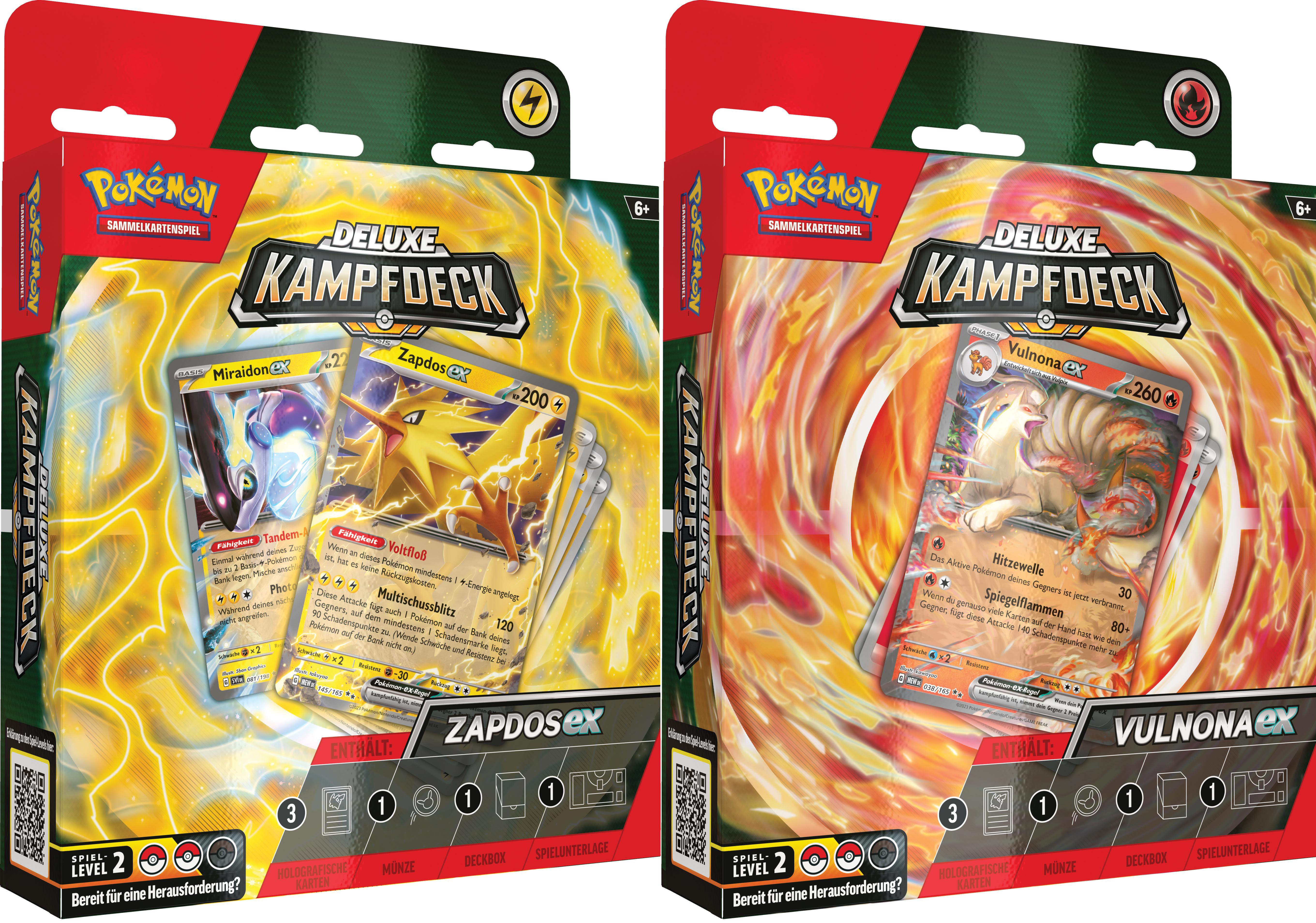 Zwei Pokémon-Kartenspielboxen, rote und grüne Etiketten.