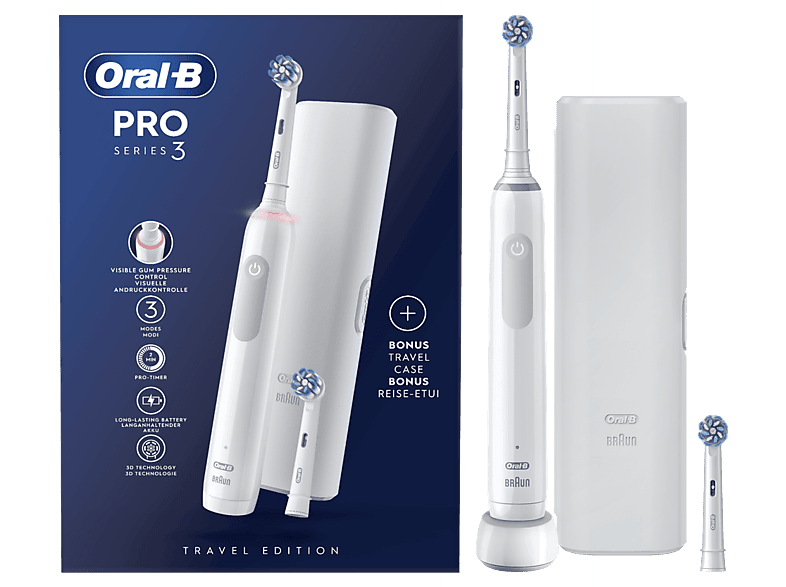 Cepillo eléctrico  Oral-B Pro Series 3, Estuche de viaje, Sensor de  presión, 2 Recambios, Blanco