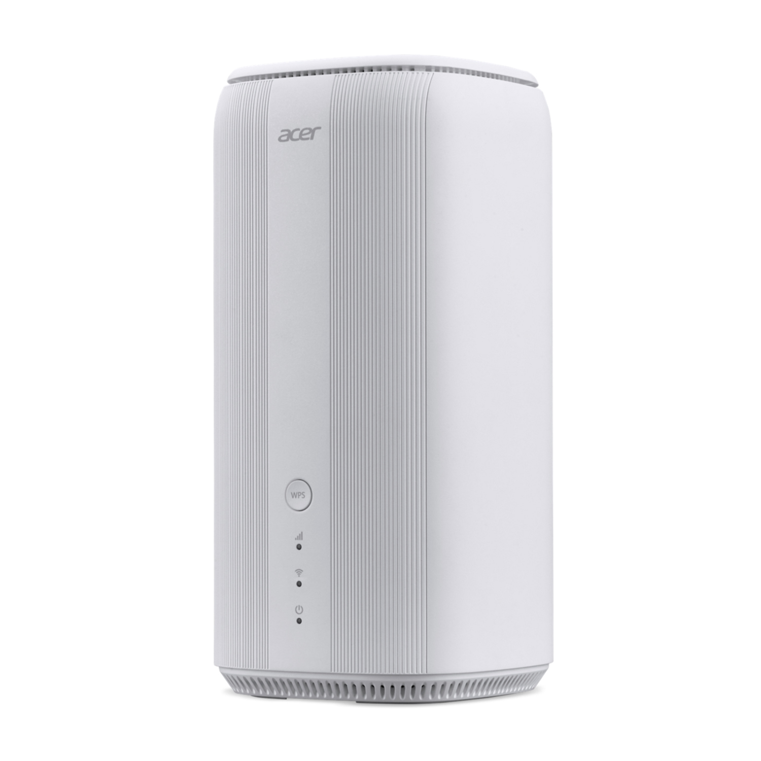 Un router Acer bianco in posizione verticale, con un design minimalista e indicatori LED.