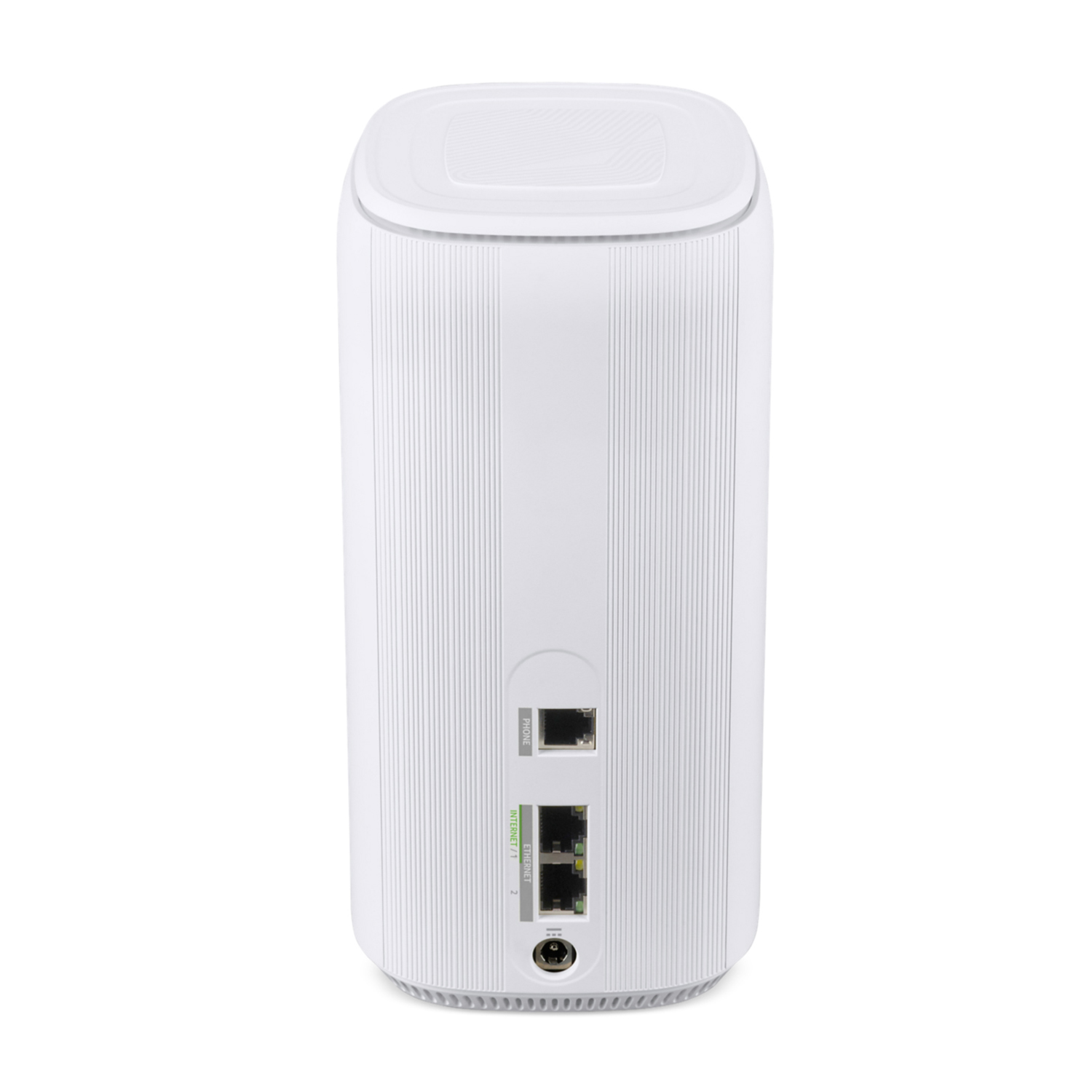 Router bianco con porte e ingresso di alimentazione. Design verticale.