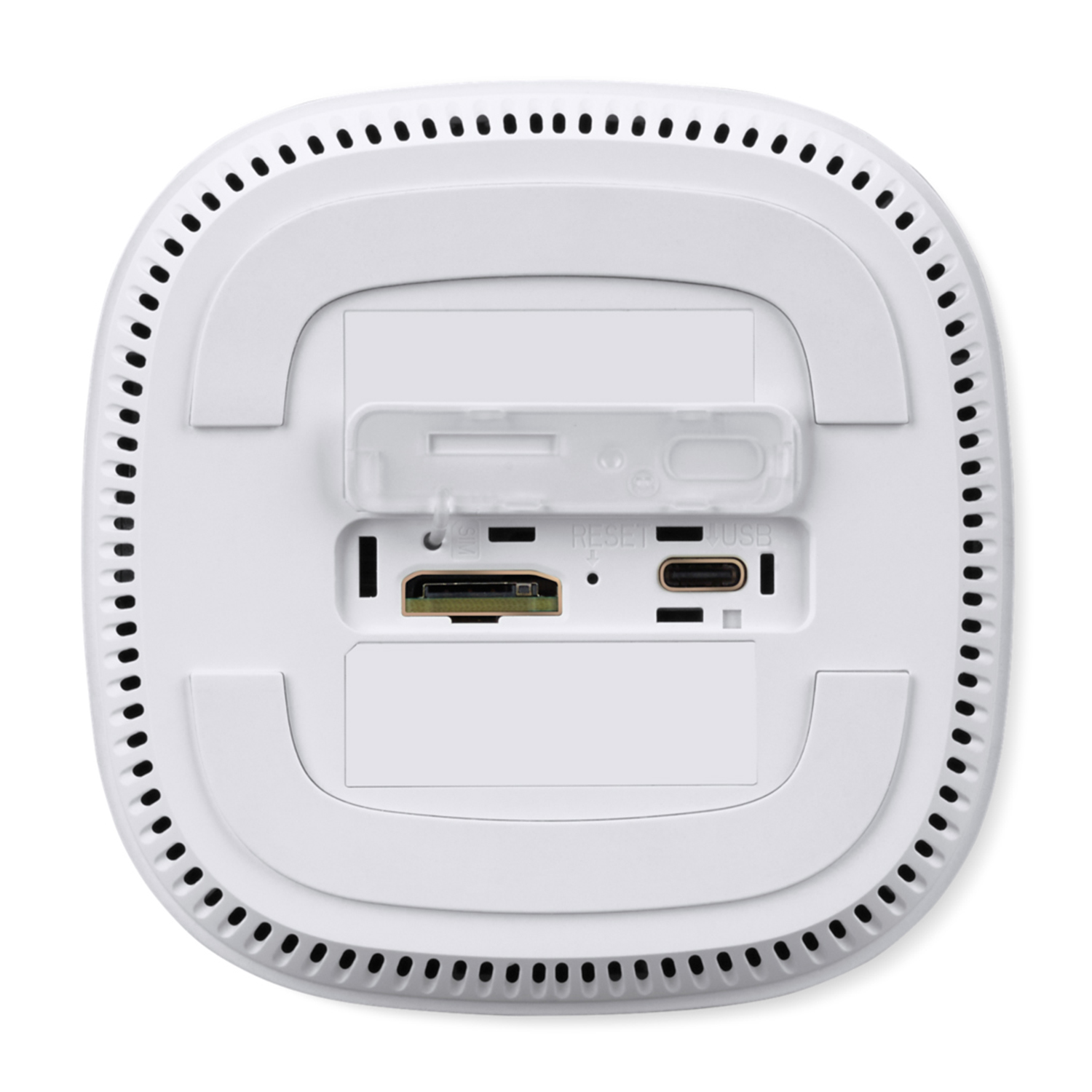Dispositivo bianco con porte e slot, tra cui HDMI, USB e scheda SD.