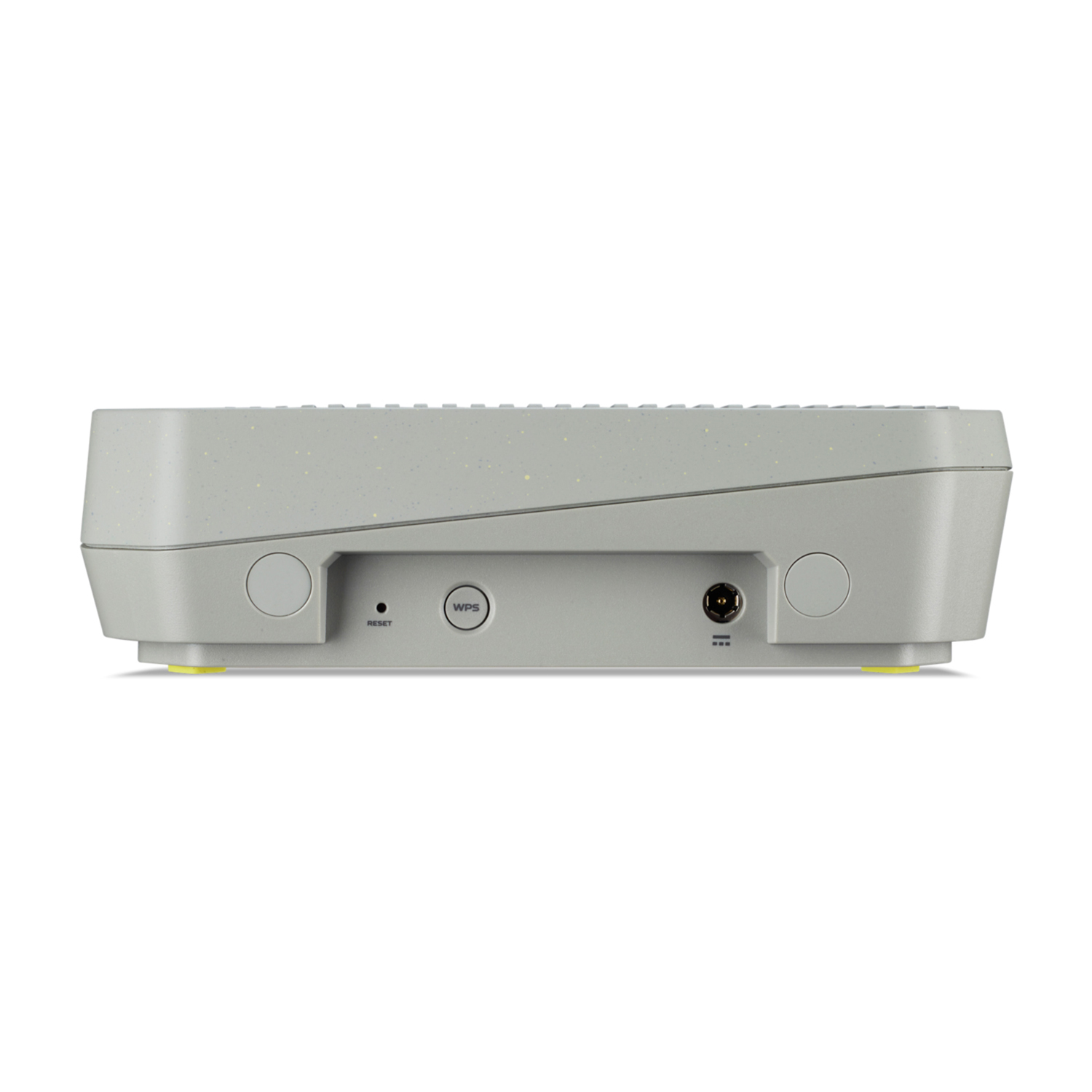 Vista posteriore di un router moderno con porte, pulsante WPS e pulsante di reset.