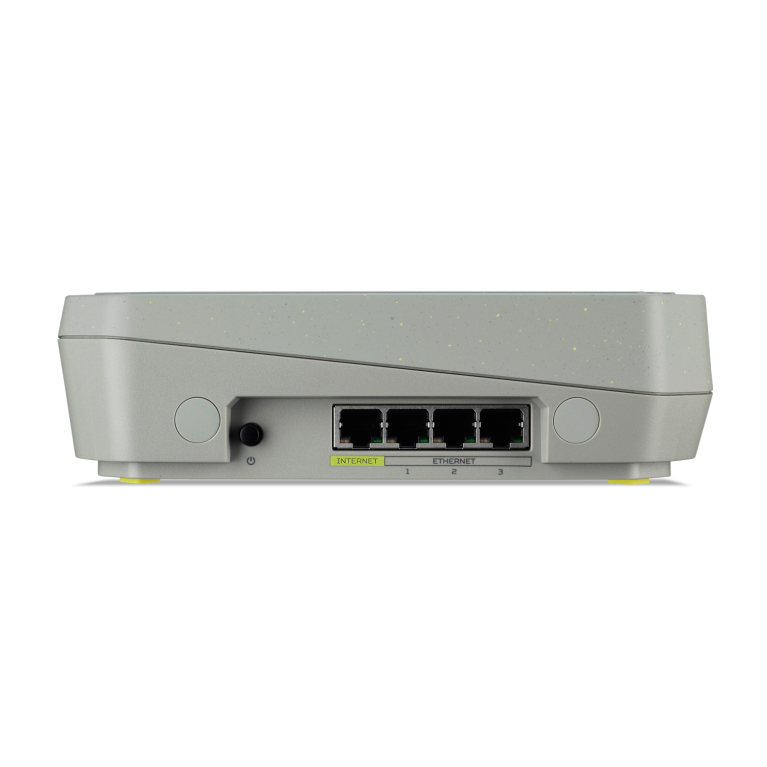 Un router grigio con porte, etichettato 'INTERNET' ed 'ETHERNET', su sfondo bianco.