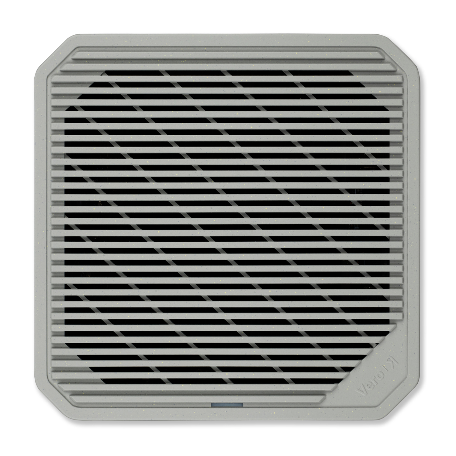 Purificatore d'aria quadrato con design grigio e linee orizzontali. Sfondo nero.