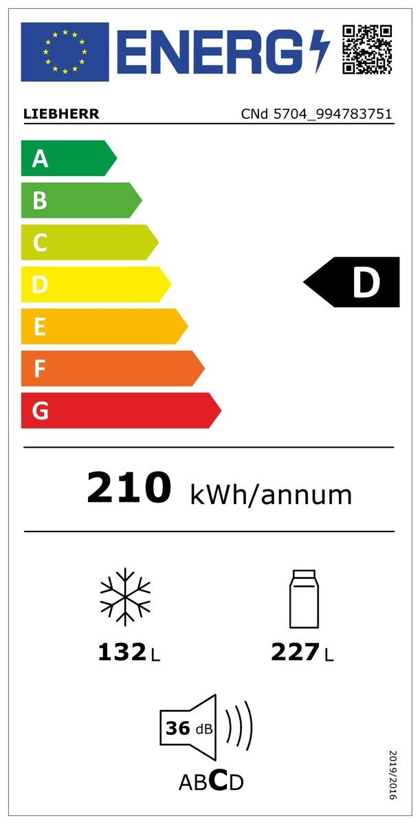 Energia cimke egy LIEBHERR hűtőszekrényhez, D energiahatékonysági besorolással.