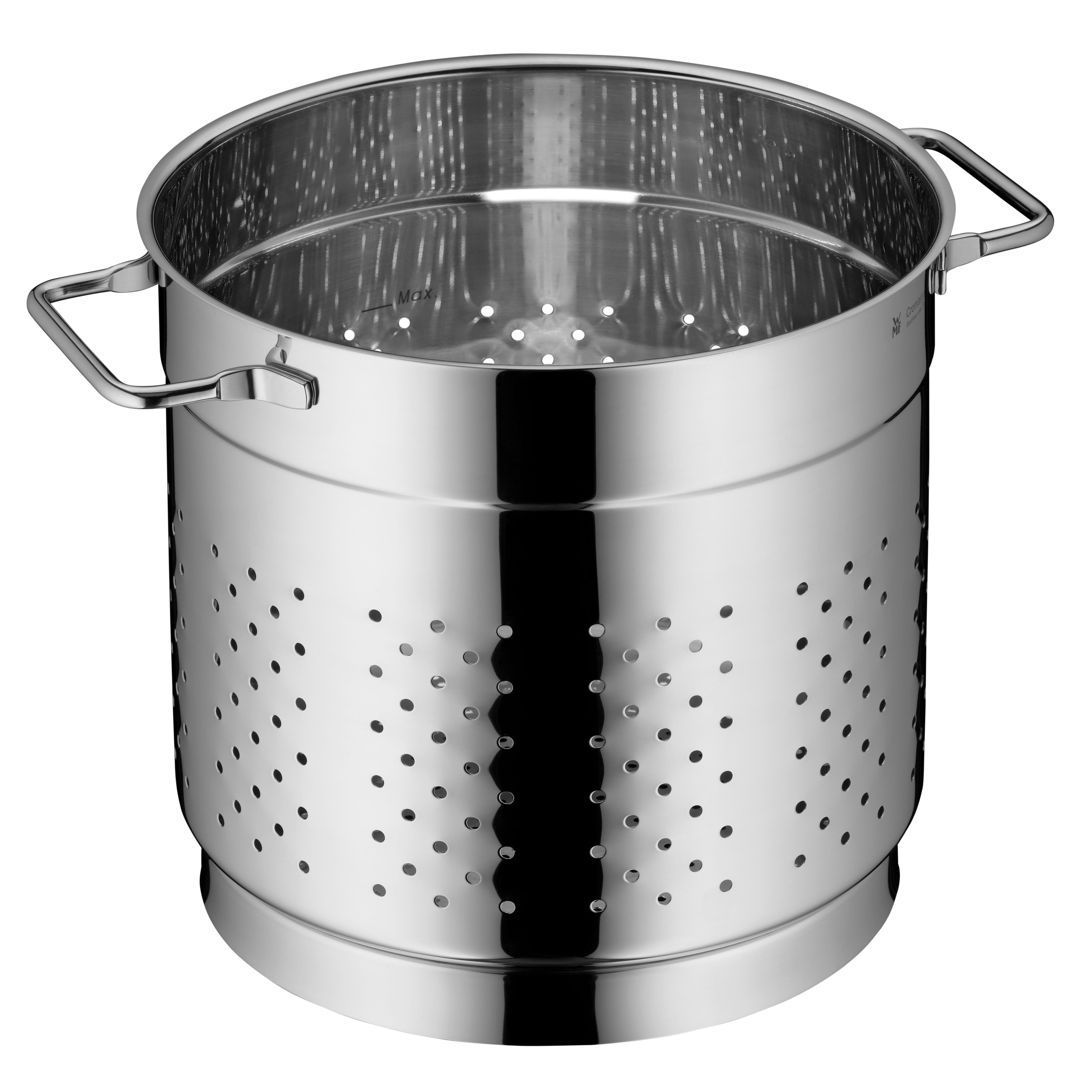 Edelstahl-Kochtopf mit Griffen und Löchern. Weißer Hintergrund.