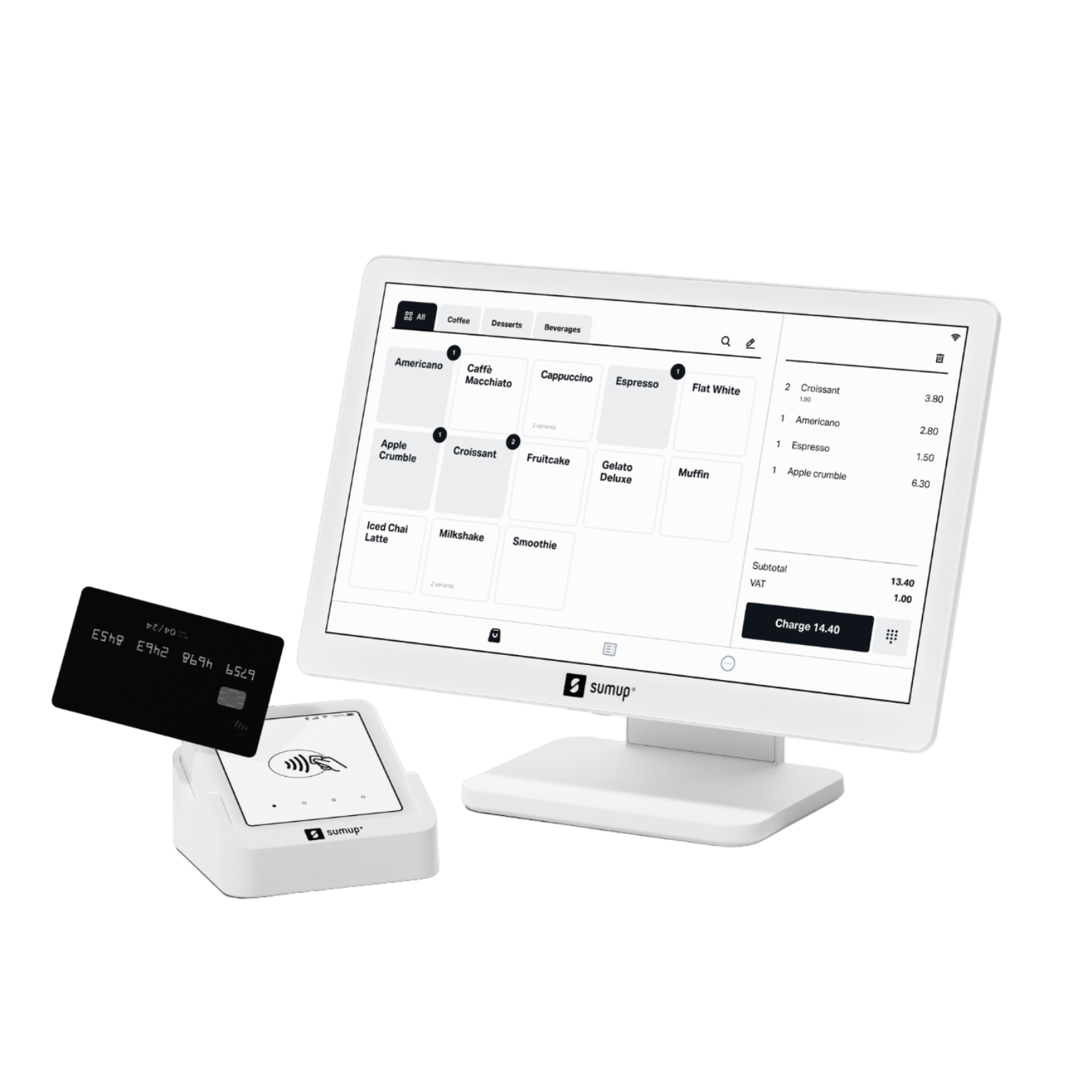 POS-systeem met touchscreen, kaartlezer en creditcard. Witte achtergrond.