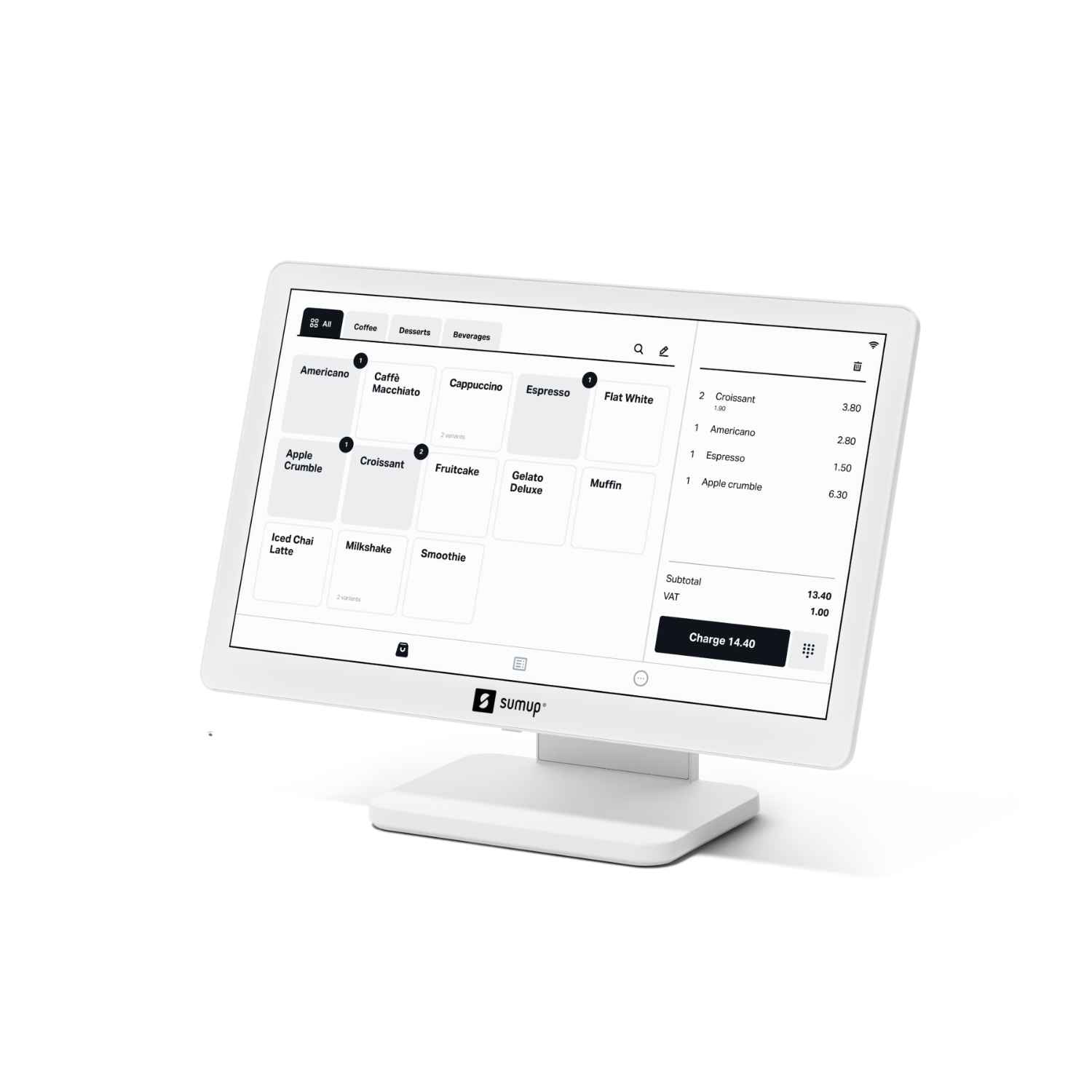 POS-terminal met touchscreen. Toont een menu van voedingsmiddelen en een totaalbedrag.