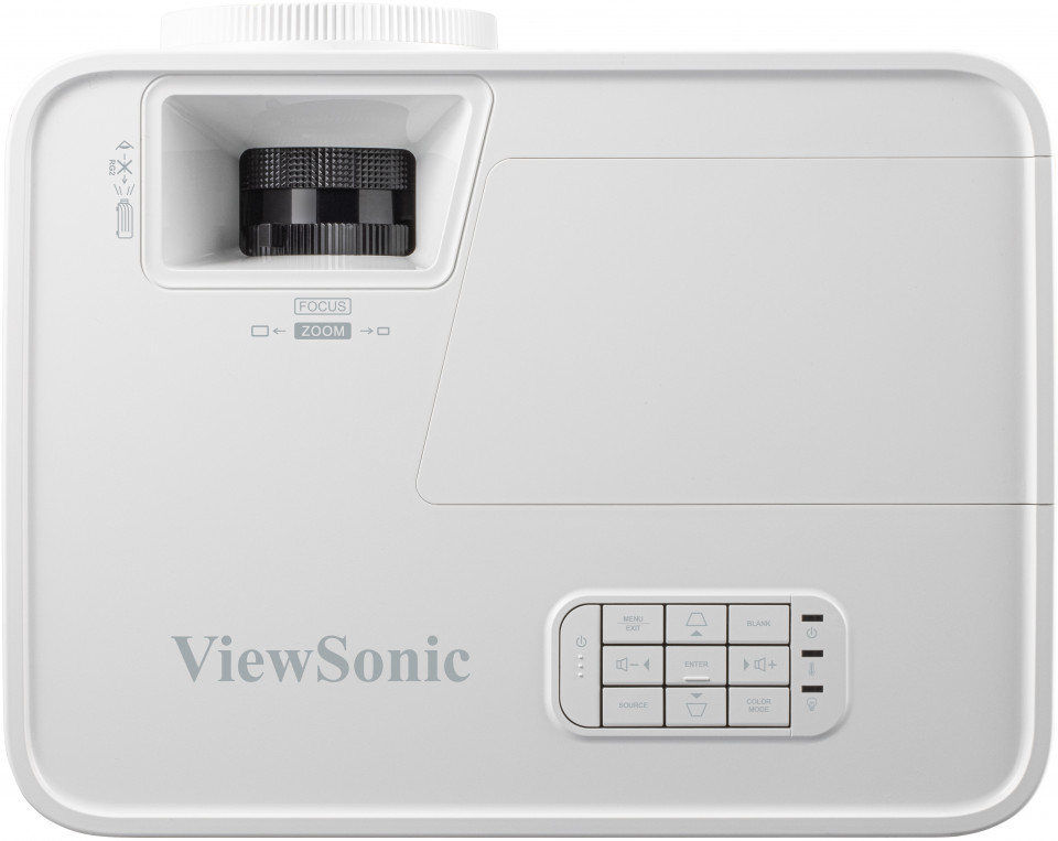 Fehér projektor, felülnézet. A ViewSonic logója és a vezérlőgombok láthatók.