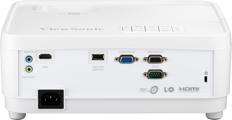Egy fehér ViewSonic projektor hátulja, több porttal. Tartalmaz audio-, HDMI-, USB- és számítógépes portokat.