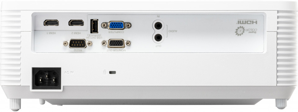 Fehér projektor hátulja portokkal. HDMI, USB és audio csatlakozások láthatók.