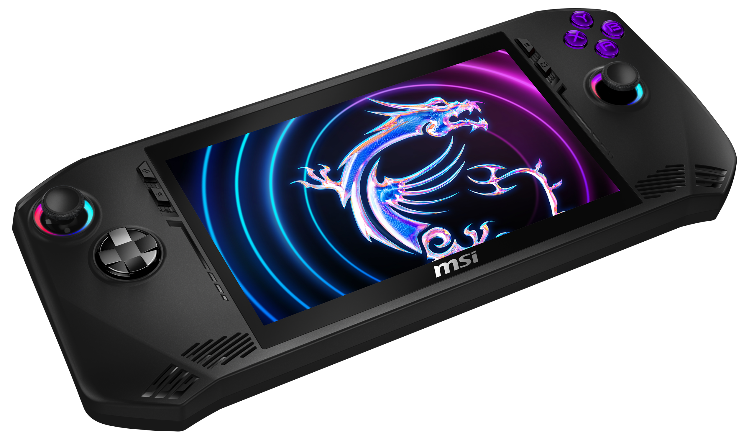 Ein schwarzes Handheld-Gaming-Gerät mit einem hellen Bildschirm, der ein Drachenlogo zeigt.
