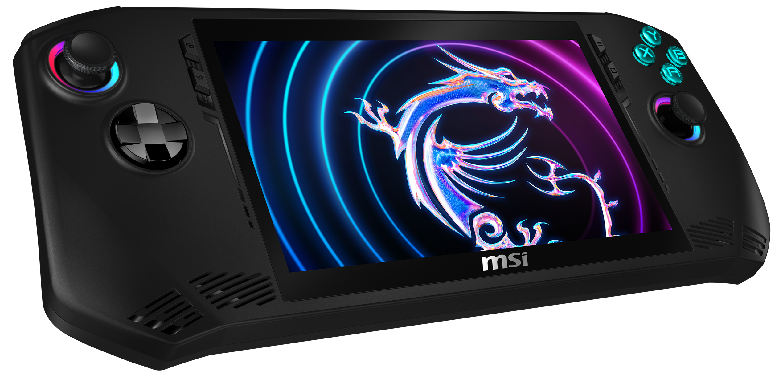 Schwarzes Handheld-Gaming-Gerät mit einem Bildschirm, der ein Drachenlogo zeigt. Schwarzer Hintergrund.
