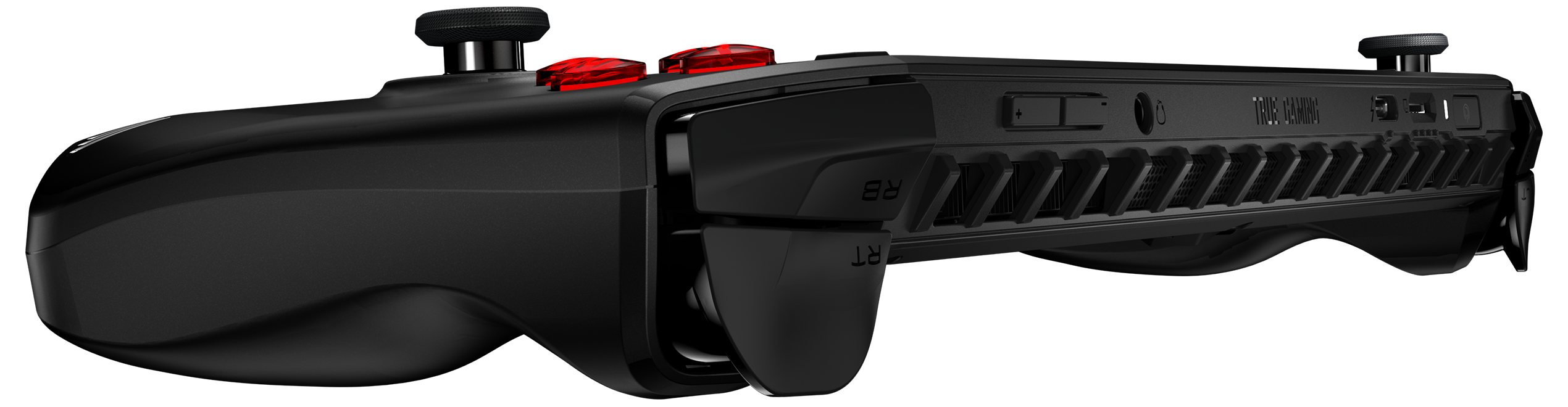 Ein schwarzer Gaming-Controller. Er hat rote Knöpfe und einen strukturierten Griff. Die Seite hat Anschlüsse und Tasten.
