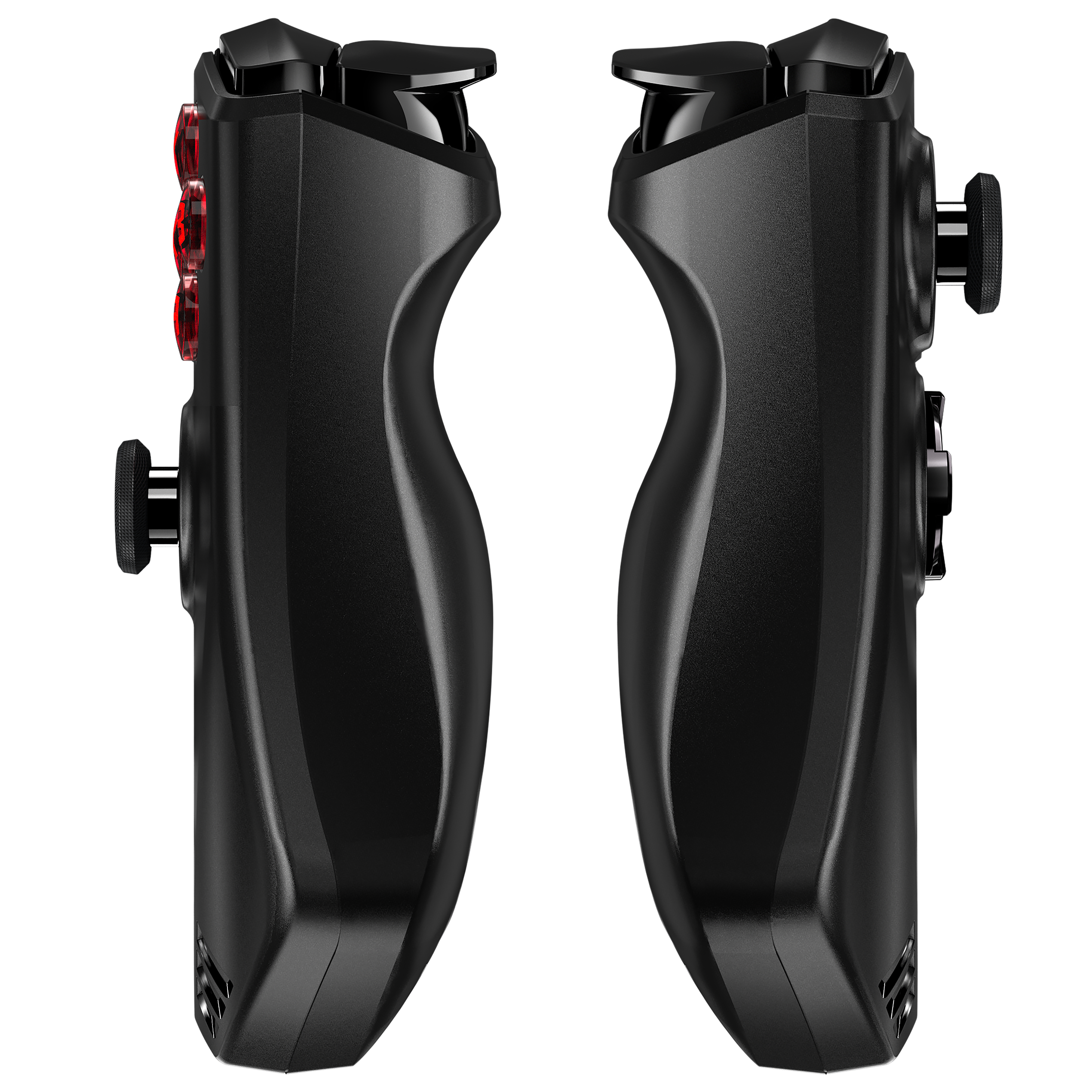Zwei schwarze Gamecontroller, abgewinkelt, mit Knöpfen, Joysticks und Griffdetails vor schwarzem Hintergrund.