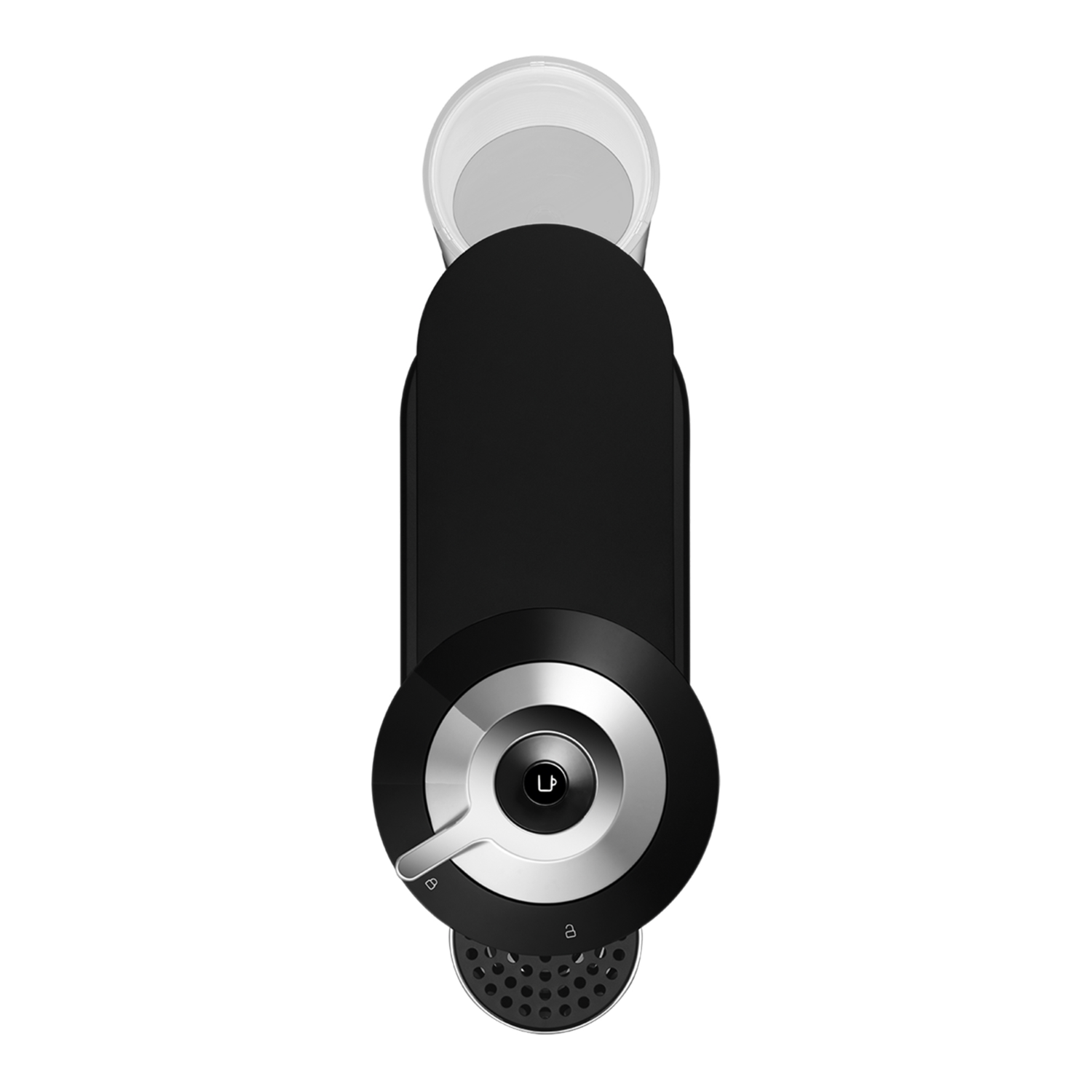 Bovenaanzicht van een zwarte Nespresso-koffiemachine met een kopje erop.