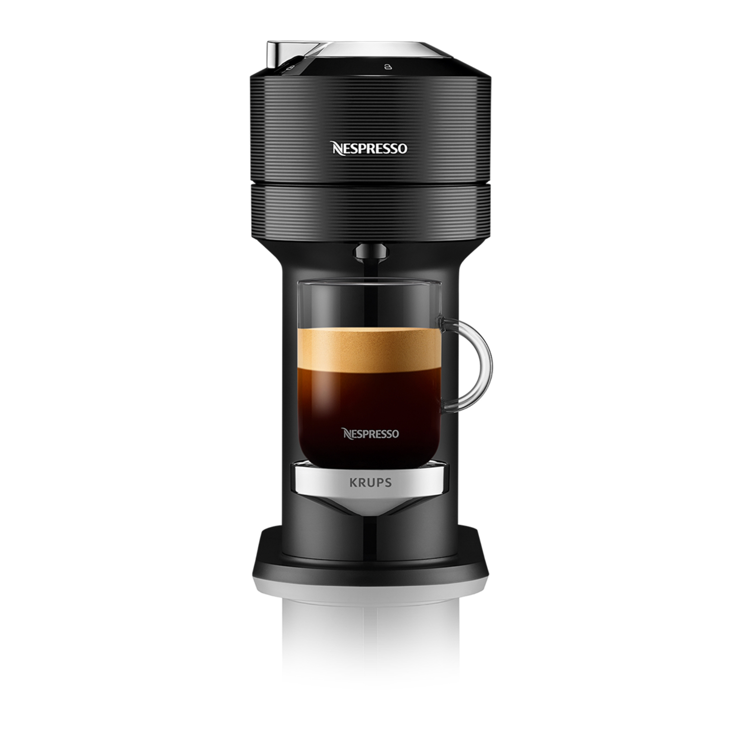 Zwarte Nespresso-koffiemachine met een glazen kopje.