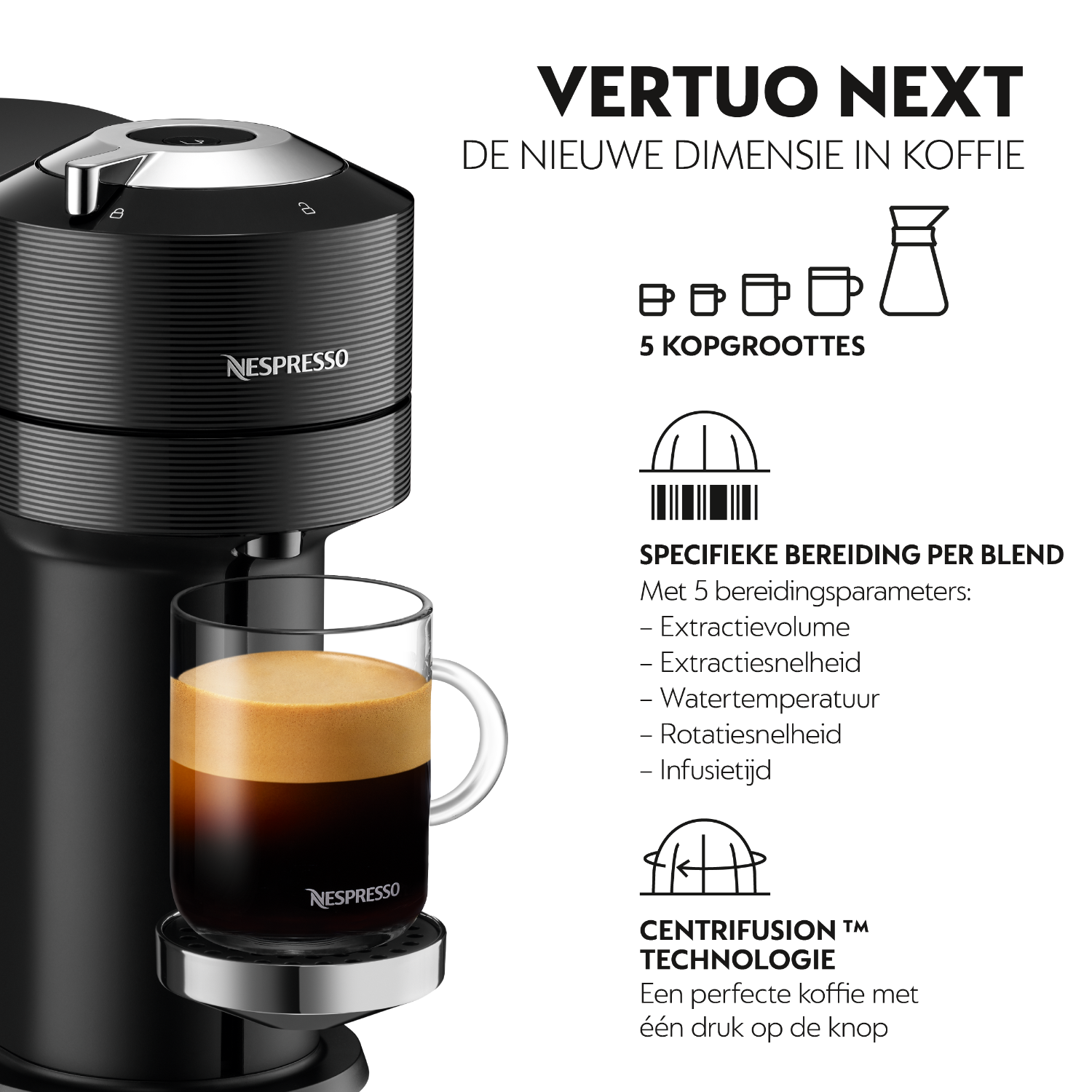 Nespresso Vertuo koffiemachine met een glas koffie en tekst.