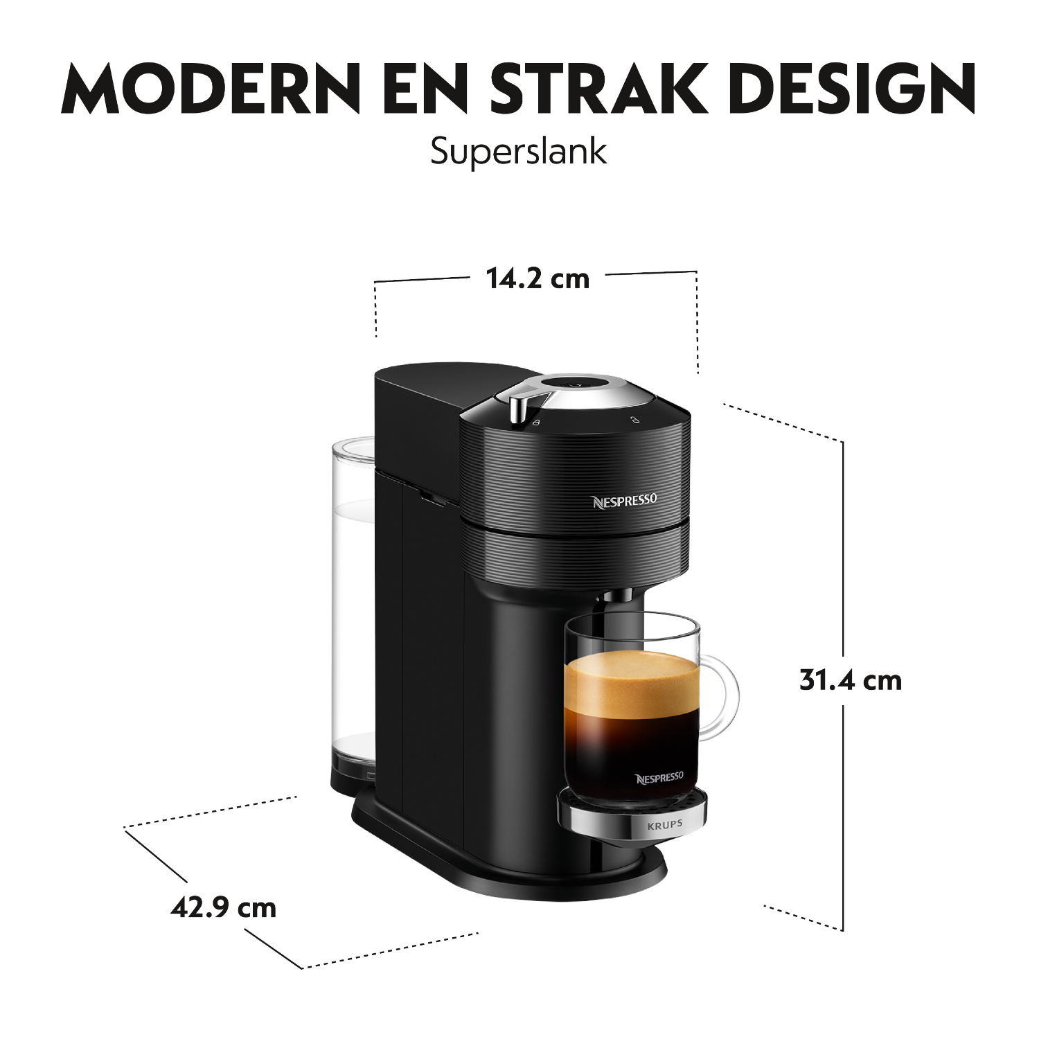 Zwarte Nespresso-koffiemachine met afmetingen en een kopje koffie.