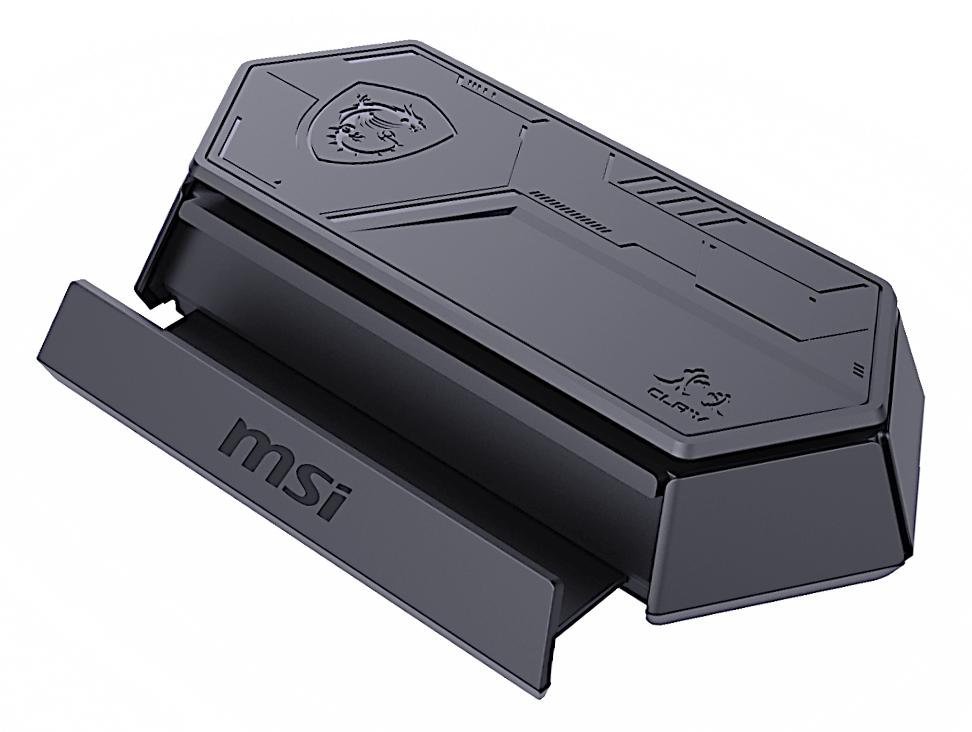 Schwarzes MSI CLUTCH-Gaming-Gerät, abgewinkelt, mit dem MSI-Logo sichtbar.