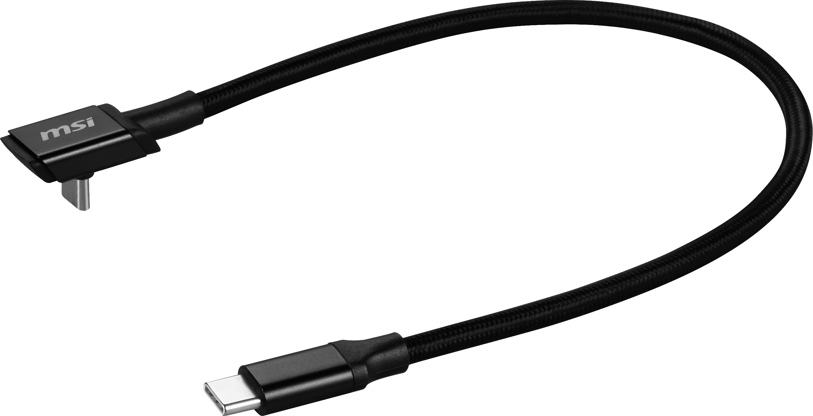 Schwarzes MSI-Kabel mit einem USB-C-Anschluss und einem rechtwinkligen Anschluss.