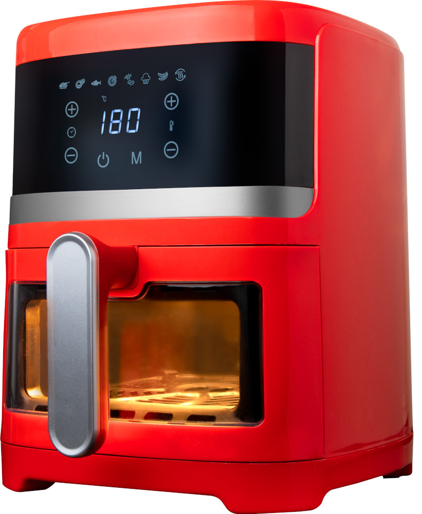 Rode airfryer met digitaal display. Het toont de temperatuur 180 en heeft een handvat.