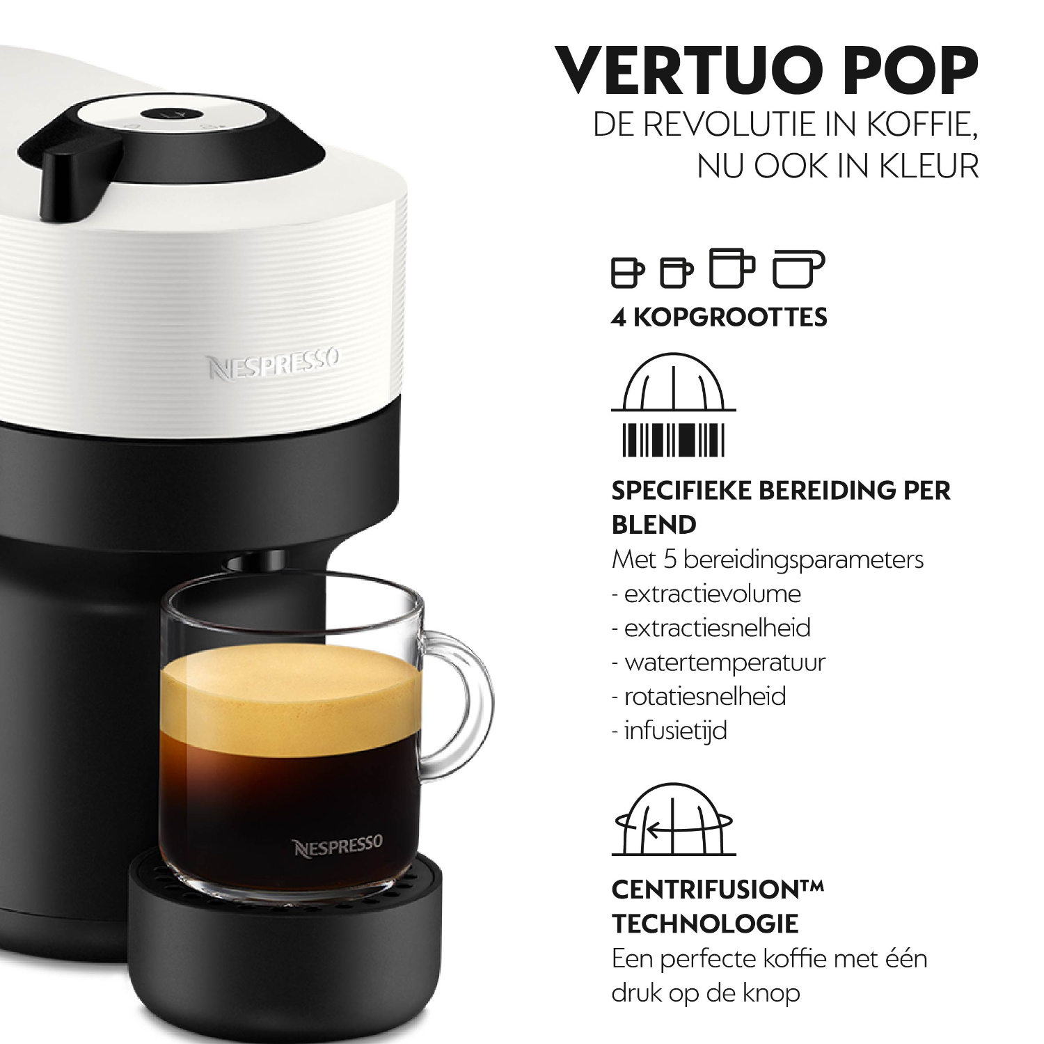 Nespresso Vertuo Pop koffiemachine met een kopje koffie, productdetails en tekst.