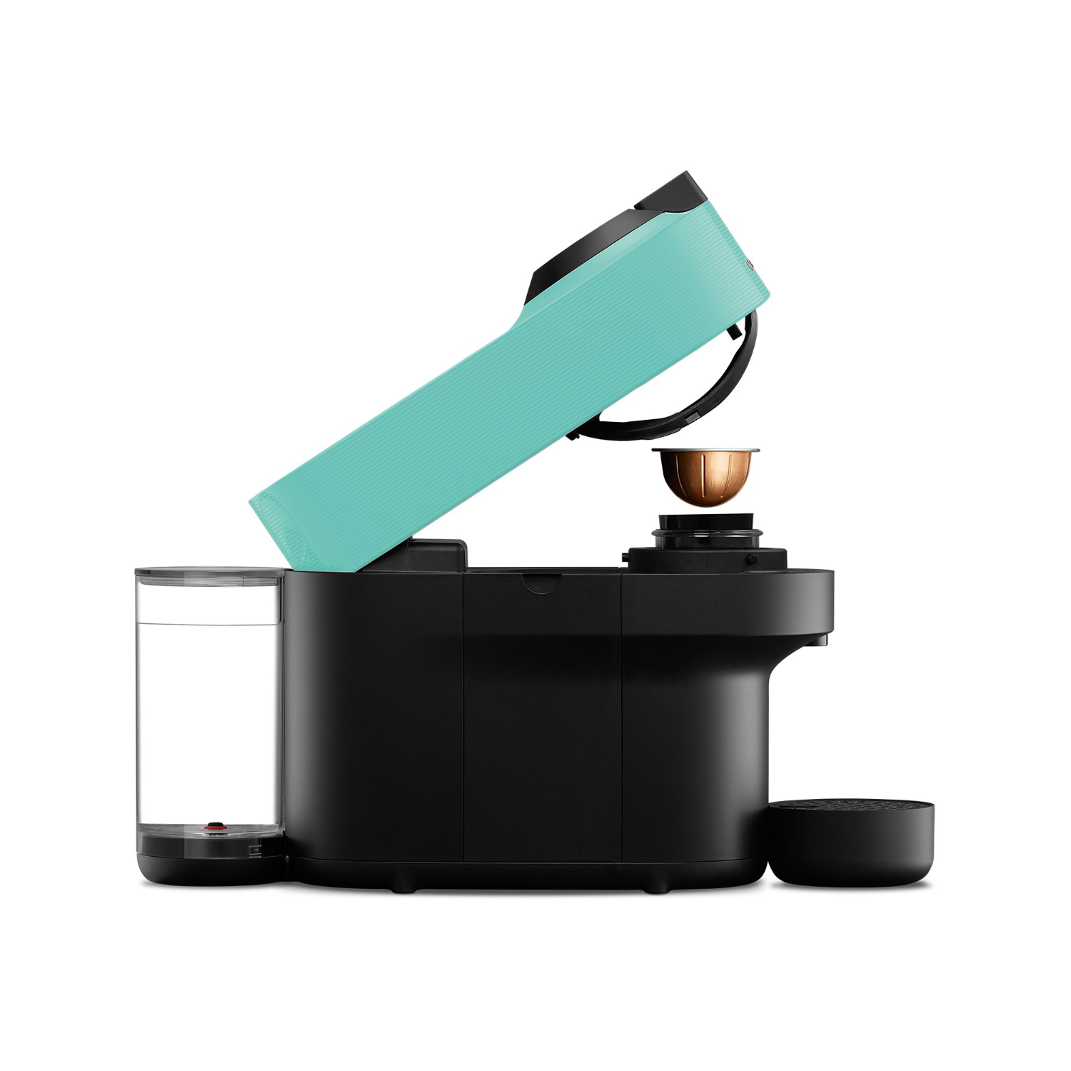 Koffiemachine met een turquoise bovenkant. De bovenkant is open en toont een capsule.