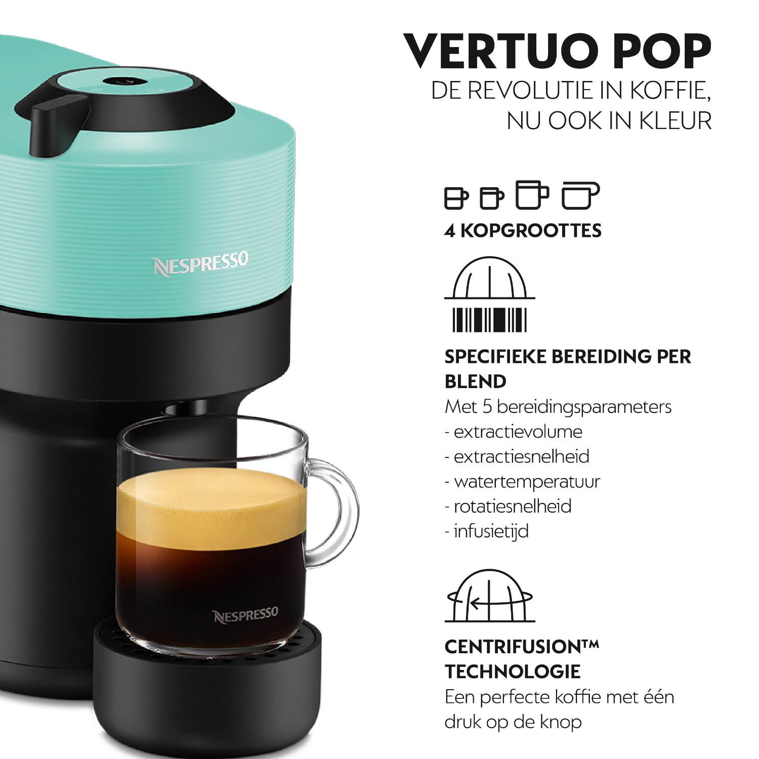 Nespresso Vertuo Pop koffiemachine, met een kop koffie en informatieve graphics.