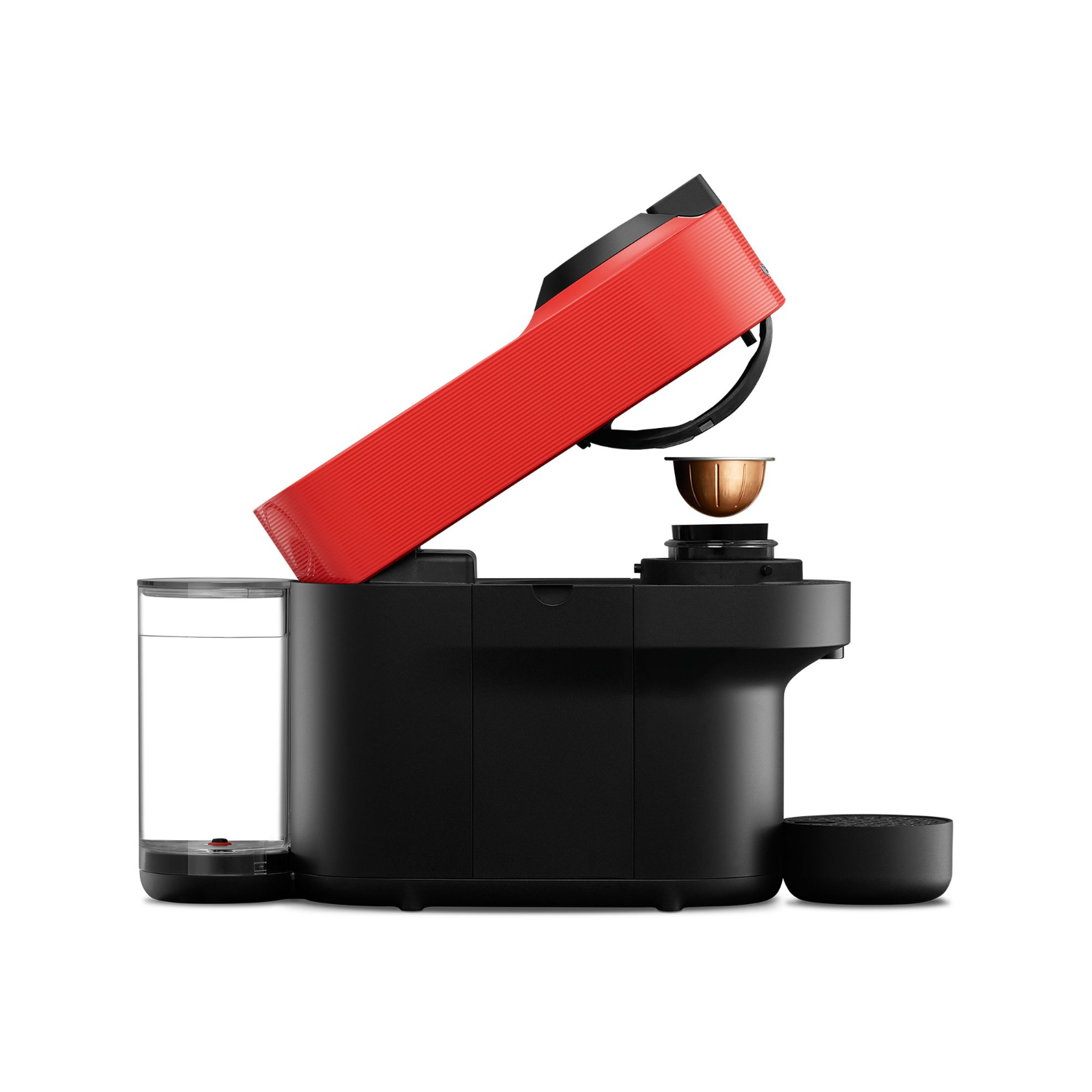 Red and black coffee machine with a pod being placed, on a white background.