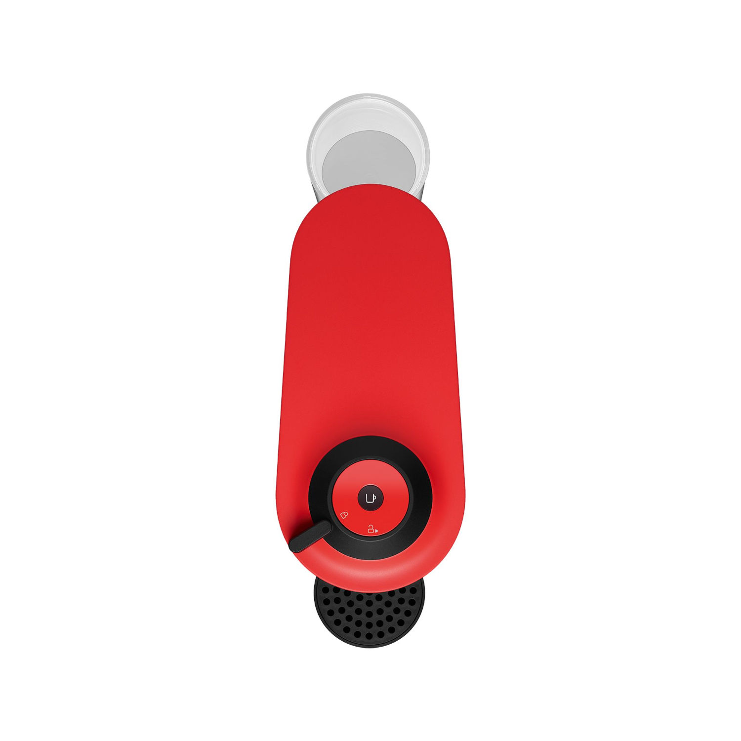Red coffee machine, top view. Black accents. White background.