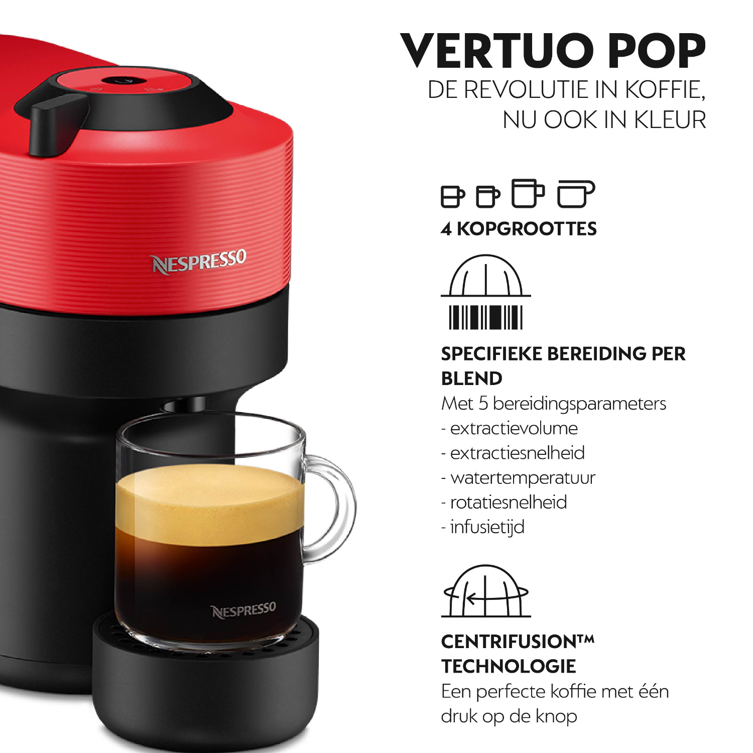 Red Nespresso Vertuo Pop coffee machine with a coffee cup.